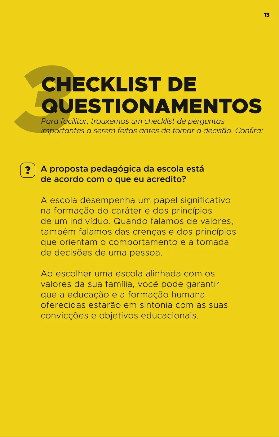 Página do checklist de questionamentos, do e-book “Qual a escola ideal para o seu filho?”
